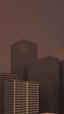 Arka planda gece gökyüzü olan modern binaların şehir manzarasında parlayan turuncu noktaların animasyonu. Dijital olarak oluşturulan küresel evrensel ağ konsepti.