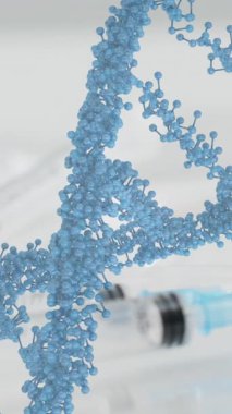 HPV aşısının üzerindeki DNA iplikçiklerinin animasyonu. Tıp, sağlık, iletişim, tıbbi araştırma ve teknoloji konsepti dijital olarak oluşturulmuş video.