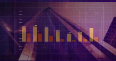 Mor kulede görünen grafik, kayan altın kırmızı çubuklar, görselleştiren çizgi grafiği. Dijital, analitik, teknoloji, yatırım, yenilik, veri, fütüristik