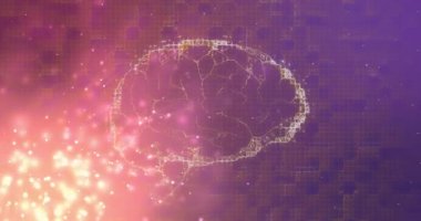 Parçacık bulutu, beynin kablo çerçevesini oluşturmaya ve döndürmeye başlıyor, sinir ağını ızgarada görselleştiriyor. Fütürist, teknoloji, soyut, dijital, nöral, yenilik, görselleştirme