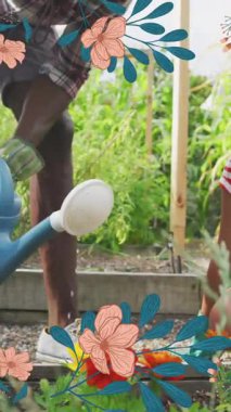 Mutlu Afro-Amerikan baba ve kızının bahçedeki çiçekleri sulaması üzerine çiçeklerin animasyonu. Aile hayatı, aşk ve doğa konsepti dijital olarak oluşturulmuş video.