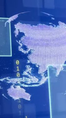 Dijital ekranlar üzerinden küresel ve veri işleme animasyonu. Küresel bağlantılar, dijital arayüz, veri işleme ve hesaplama kavramı dijital olarak oluşturulmuş video.