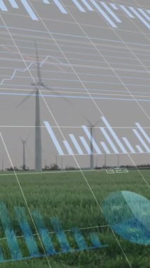 Rüzgar türbinleri üzerinde finansal veri işleme animasyonu. Küresel rüzgar enerjisi, iş, bağlantılar, hesaplama ve veri işleme kavramı dijital olarak oluşturulmuş video.
