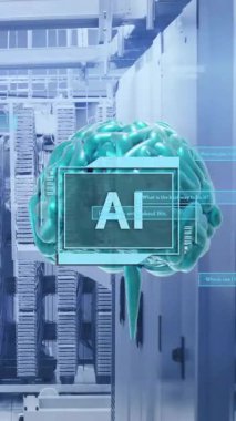 Ai metninin animasyonu, insan beyni ve bilgisayar sunucularının veri işlemesi. Dijital olarak oluşturulmuş küresel yapay zeka, bağlantılar, hesaplama ve veri işleme kavramı.