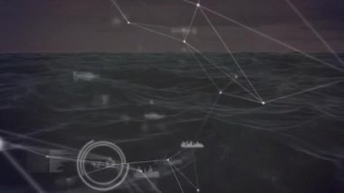 Alacakaranlık denizi üzerinde yükselen düğüm ızgarası deniz gözlemi için veri toplayan gemileri tarıyor. Teknoloji, veri görselleştirme, denizcilik, dijital ağ, fütüristik, analitik, soyut