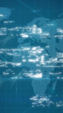 Dünya haritasında mavi arka planda birden fazla dijital simgenin canlandırılması. Küresel ağ ve iş teknolojisi kavramı