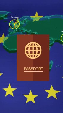 Dünya haritasında farklı zaman dilimlerini gösteren saatlerle pasaport animasyonu. Seyahat, küresel, uluslararası, zaman çizelgeleri, yolculuk