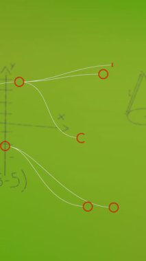 Noktaları birleştirme animasyonu ve yeşil arka planda yüzen matematiksel denklemler. Okul ve eğitim teknolojisi kavramı