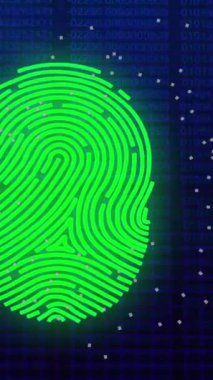 Karanlık arka planda biyometrik parmak izi üzerinde veri işleme animasyonu. Küresel siber güvenlik, çevrimiçi kimlik, bağlantılar, hesaplama ve veri işleme kavramı dijital olarak oluşturulmuş video.