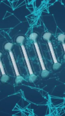DNA iplikçikli dijital arayüz animasyonu ve mavi arkaplandaki bağlantı ağı. Dijital olarak oluşturulan küresel bilgisayar ağı teknolojisi kavramı.