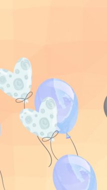 Şeftali arka planında balonlarla el sallayan mutlu sakallı adamın canlandırması. pozitiflik, sağlık ve kutlama konsepti dijital olarak oluşturulmuş video.