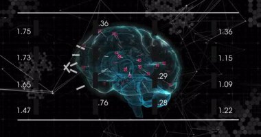 3D beyin modeli parlayan arayüz yükünde görselleştirme için nöral aktivite ölçümleri gösteriliyor. Fütüristik, teknoloji, analitik, veri, görselleştirme, yenilik, dijital