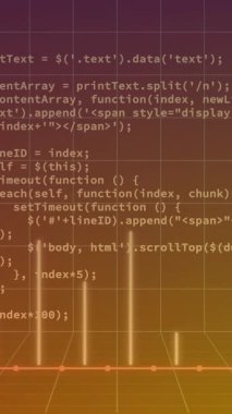 Grafiksel arkaplan üzerinde mum çubuğu grafiği ve bilgisayar dili animasyonu. Dijital olarak üretilen hologram, illüstrasyon, rapor, iş dünyası, programlama dili, kodlama ve teknoloji kavramı.