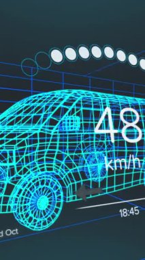 Araç arayüzündeki hız göstergesi, GPS ve durum verilerinin animasyonu, 3d 'den fazla minibüs modeli. Ulaşım ve teknoloji, mühendislik tasarımı ve dijital arayüz konsepti dijital olarak oluşturulmuş video.