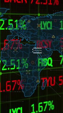 Kara fon üzerinde dünya haritası üzerinde borsa animasyonu. küresel finansmanlar, veri işleme ve dijital arayüz kavramı dijital olarak oluşturulmuş video.