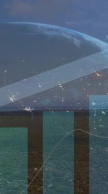 Yukarı doğru ok ve grafiklerin dünya ve manzara üzerindeki verileri işlemesinin animasyonu. Veri, dijital arayüz, iş dünyası, büyüme, bağlantı, işleme ve küresel iletişim, dijital olarak oluşturulmuş video.