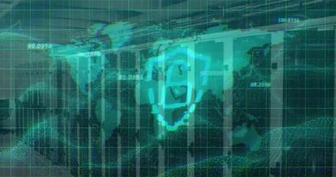 Rafların üzerinde görünen şebeke örtüsü, dünya haritası zayıflıyor, ölçümler değişiyor, kalkan güvenli veri oluşturuyor. Siber güvenlik, veri, teknoloji, dijital, yenilik, ağ, koruma