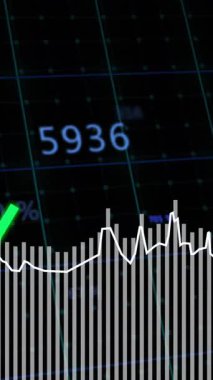 Karanlık arka planda finansal veri işleme sistemi animasyonu. Küresel finans, iş, bağlantılar, hesaplama ve veri işleme kavramı dijital olarak oluşturulmuş video.