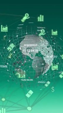 Animation of network of digital icons over spinning globe against green background. Global networking and business technology concept
