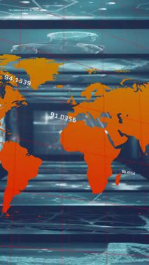Siyah arkaplanda DNA ipliği olan ekranların üzerinde veri işlemesi olan dünya haritasının animasyonu. Küresel bilim, bilgisayar ve dijital arayüz kavramı dijital olarak oluşturulmuş video.