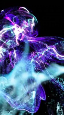 Siyah arkaplanda hareket eden mor ve mavi parçacık bulutlarının animasyonu. hareket, enerji ve biçim, soyut arayüz arkaplan kavramı dijital olarak oluşturulmuş video.