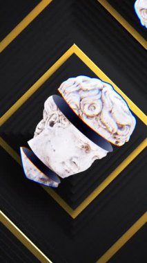 Siyah arkaplanda altın kareler üzerinde hareket eden birleşik erkek klasik heykel büstlerinin animasyonu. Sanat, tasarım, tarih ve gelecek konsepti dijital olarak oluşturulmuş video.