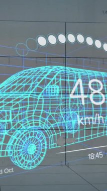 Dijital kamyon modeli üzerinden finansal veri işleme ve araba panelinin animasyonu. küresel finans, iş ve dijital arayüz kavramı dijital olarak oluşturulmuş video.