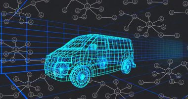Mavi şebeke oluşumu, Cyan kablo karavanı ortaya çıkıyor sonra da ağı görselleştirmek için minibüsün etrafında sürüklenen düğümler. Teknoloji, yenilik, dijital, gelecek, veri, bağlantı, siber uzay