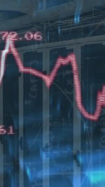 Animation of financial data processing with graph and mathematical equations over server room. Global business, finances and digital interface concept digitally generated video.