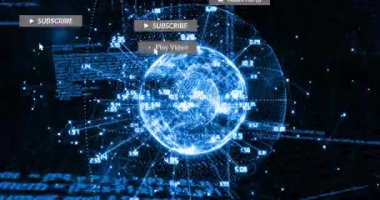Dönen dijital küre titreşimli ışık, sosyal simgelerin hareketlenmesine ve zayıflamasına neden oluyor. Gelecek, teknoloji, bağlantı, siber alan, dijital, ağ, yenilik