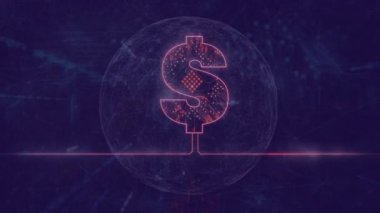 Neon hattı genişliyor, küre oluşuyor, ortaya çıkan dolar, titreşen düğümler, finansı temsil eden ışınlar. Fütürist, teknoloji, sanal, dijital, soyut, enerjik, finansal