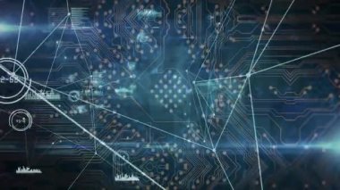 Tetikleyici arayüzünde kaybolan gösterge, veri akışı için parlayan düğümleri birbirine bağlayan ışınımlı çizgiler gösteriyor. Teknoloji, bağlantı, veri, dijital, yenilik, ağ, şematik