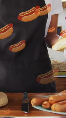 Yiyecek tedarikçilerinin müşterilere yemek hazırlaması üzerine sosisli animasyonu. Küçük işletme, gıda, sağlık ve refah yaşam tarzı konsepti dijital olarak oluşturulmuş video.