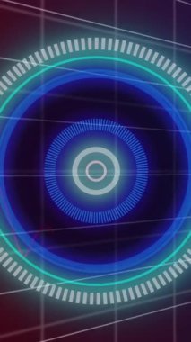 Animation of neon round scanner and statistical data processing against purple gradient background. Computer interface and business data technology concept