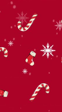 Kırmızı arka planda, Noel süslerinin üzerine düşen kar animasyonu. Noel, şenlik, kutlama ve gelenek konsepti dijital olarak oluşturuldu.