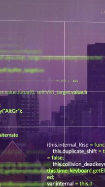 Animation of data processing over cityscape. Global business, finances, computing and data processing concept digitally generated video.