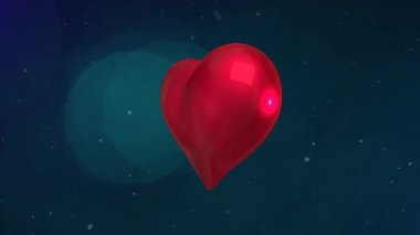 Parlak kırmızı 3D kalp açılışıyla sürüklenen parçacıklar ve yüzen atmosfer için bokeh ile dönüyor. Romantik, yenilikçi, enerjik, soyut, dijital, zarif, dinamik