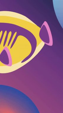 Mor arka planda mavi ve pembe küreler üzerinde tropikal balıkların animasyonu. Vahşi yaşam, deniz yaşamı, tropikal, sualtı ve arka plan, dijital olarak üretilen video.