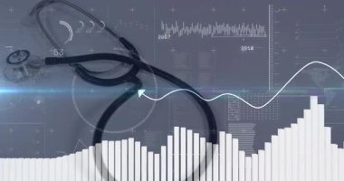 Çizelgenin yükselmesi sinüs dalgasının steteskop boyunca yayılmasını tetikliyor, canlı sağlık eğilimlerini vurguluyor. Tıbbi, tanı, veri görselleştirme, teknolojik, analitik, sağlık izleme, arayüz