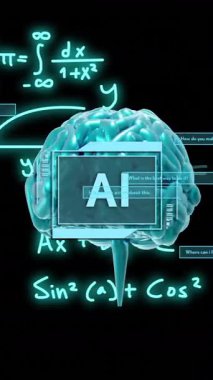 Ai metninin animasyonu, insan beyni ve matematiksel veri işleme. Dijital olarak oluşturulmuş küresel yapay zeka, bağlantılar, hesaplama ve veri işleme kavramı.