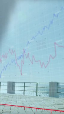 Deniz kenarında scooter kullanan kadın hakkındaki istatistik ve grafiklerin animasyonu. Dijital arayüz küresel spor ve performans konsepti dijital olarak oluşturulmuş video.