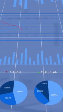 Animation of statistics and financial data processing over desk in office. Global business, finance, computing and data processing concept digitally generated video.