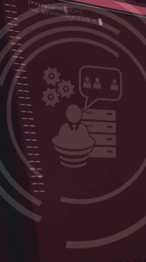 Karanlık arka planda veri işleme üzerine düşen simgelerin canlandırması. Küresel bilim, bağlantılar, veri işleme ve dijital arayüz kavramı dijital olarak oluşturulmuş video.