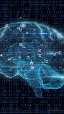 Veri işlemenin animasyonu ve dijital beyin dönüşünün üzerindeki simgeler. İş, teknoloji ve dijital arayüz kavramı dijital olarak oluşturuldu.