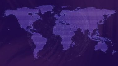 Haritanın arkasında ortaya çıkan 3 boyutlu küre, veri yayı ile dönüyor, noktalı harita haritalama veri akışı oluşturan düğümler. Coğrafya, teknoloji, animasyon, dijital, bağlantı, ağ, veri