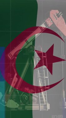 Finansal veri işleme animasyonu ve petrol pompası üzerinde Cezayir bayrağı. Küresel finansman, iş ve dijital arayüz kavramı dijital olarak oluşturulmuş video.