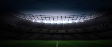 Düz tasarım stadyumu eğimli çatı ve oturma katları altında selle aydınlatılmış çim sahası çizgisi gösteriyor. Stadyum, mimari, sinematik, modern, aydınlatma, spor, arena