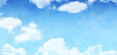 Bulut oluşumları düz dizayn açık gökyüzü gradyanını dolduruyor, kabarık beyaz kümülüs bulutlarını gösteriyor. Vastscape, sükunet, dijital sanat, atmosfer, mavi renk, minimalist, sükunet