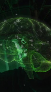 Animation of connections and digital brain over asian man in server room. Global technology, online security and digital interface concept digitally generated video.