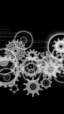 Siyah arkaplan üzerinde dişli ve veri işleme animasyonları. Küresel iş, bilgisayar ve dijital arayüz kavramı dijital olarak oluşturulmuş video.